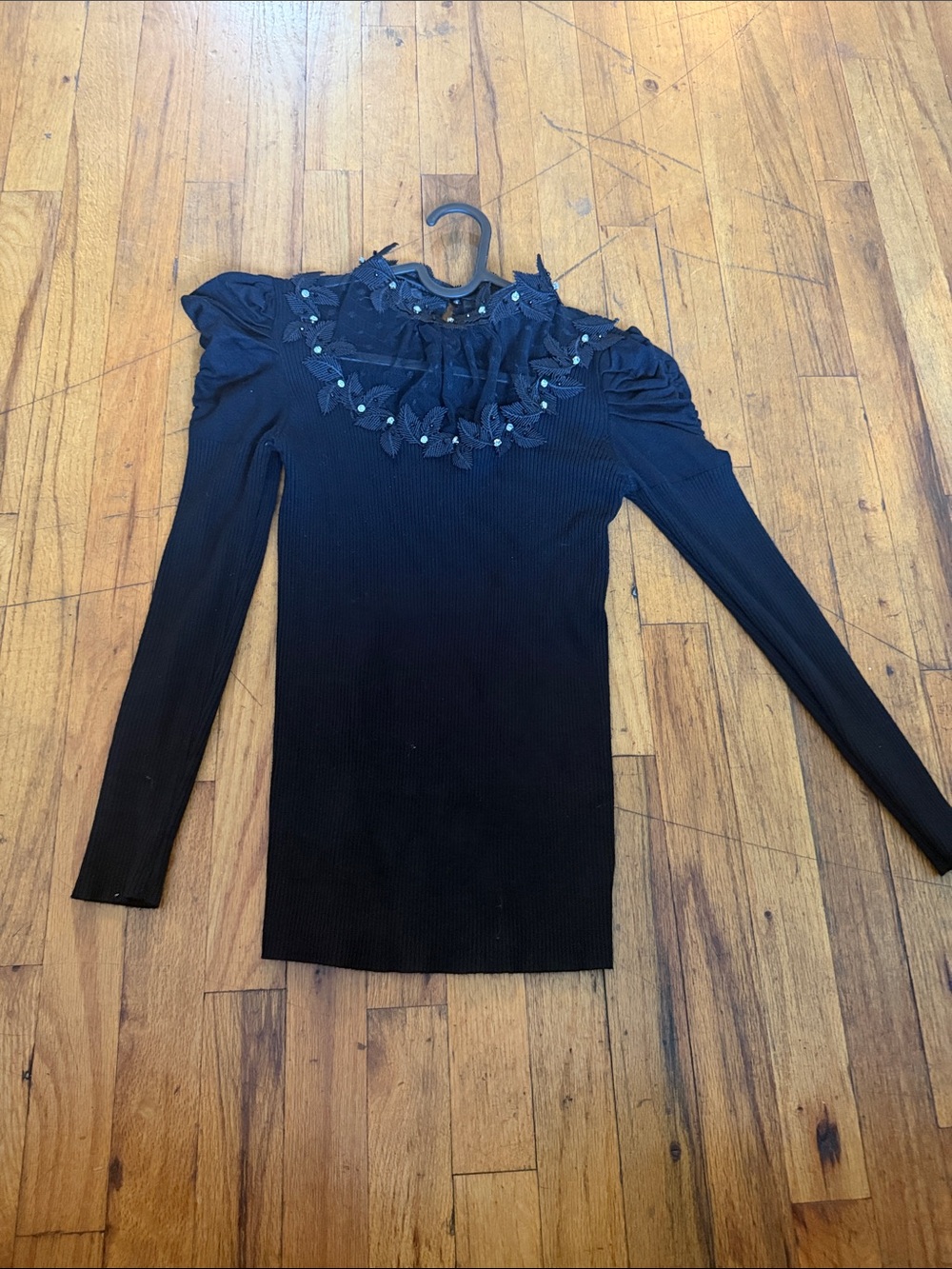 Black Embellished Ruffle Neck Long-Sleeve Top